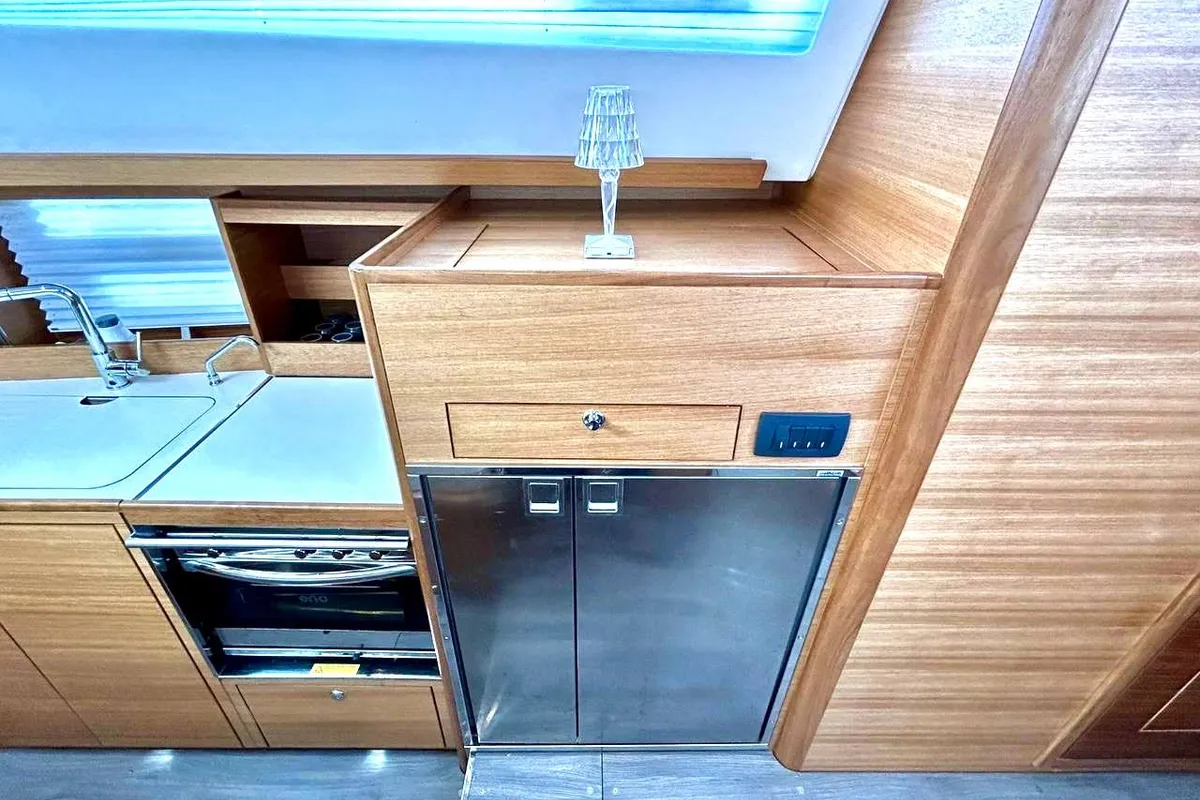 Deck of Aetna, a Elan Impression 45.1 sailboat at Capo d'Orlando, Italy