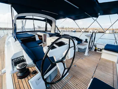 Cockpit of Beneteau Oceanis 51.1, a sailboat at Tonnarella, Italy