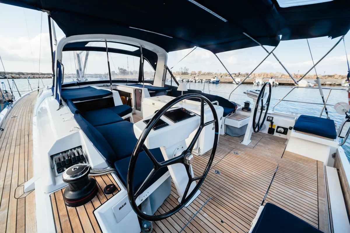 Cockpit of Beneteau Oceanis 51.1, a sailboat at Tonnarella, Italy