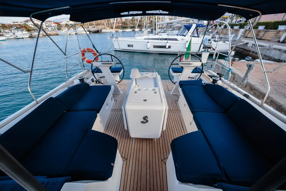Cockpit of Beneteau Oceanis 51.1, a sailboat at Tonnarella, Italy