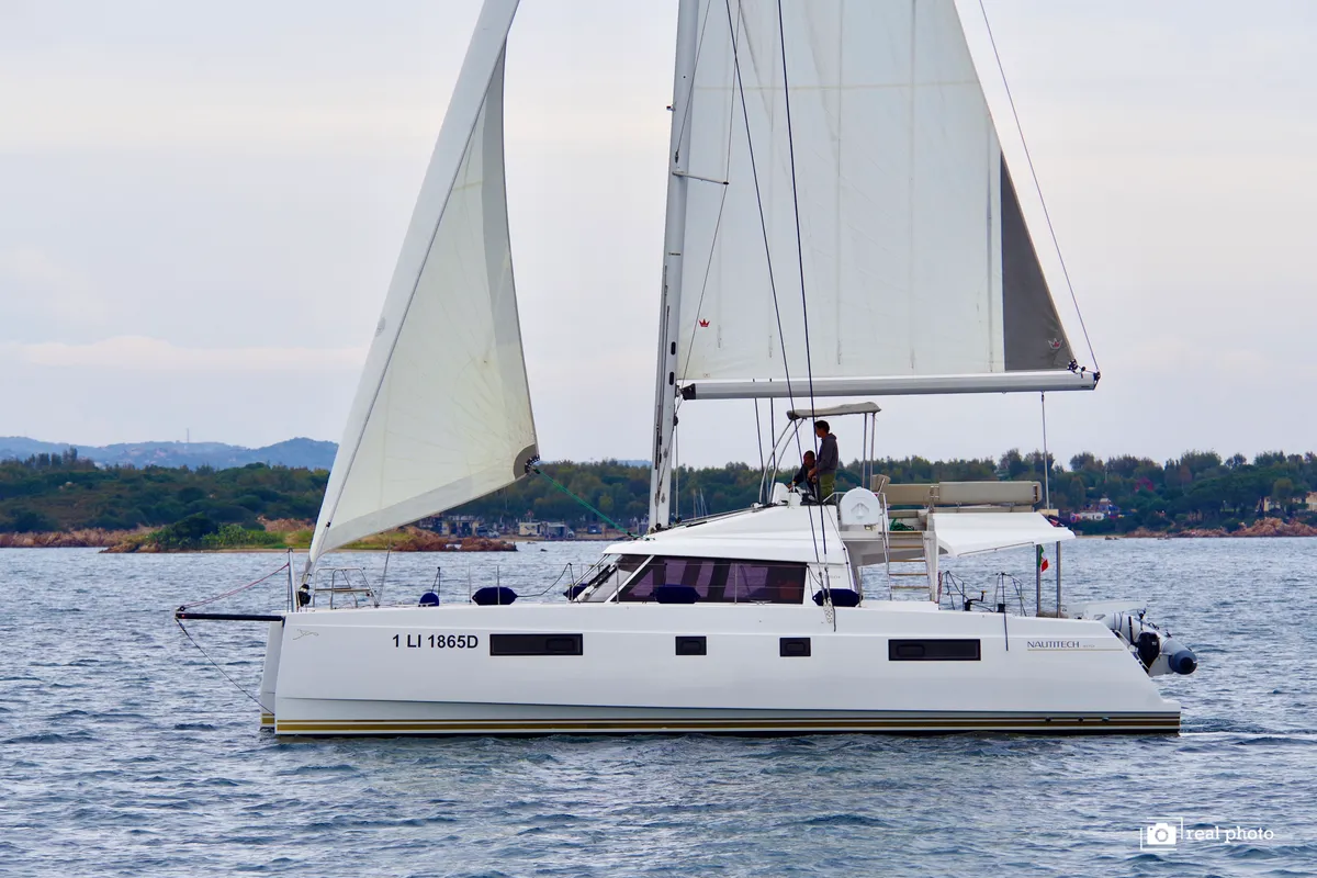 Exterior view of Fiammetta, a Nautitech 46 Fly catamaran at Puntone di Scarlino, Italy