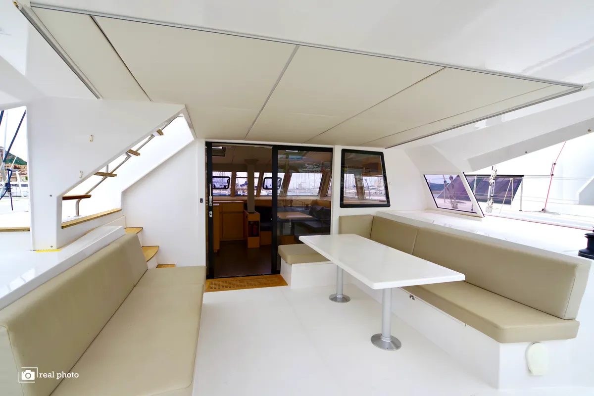Deck of Fiammetta, a Nautitech 46 Fly catamaran at Puntone di Scarlino, Italy