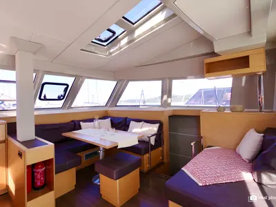 Salon of Fiammetta, a Nautitech 46 Fly catamaran at Puntone di Scarlino, Italy