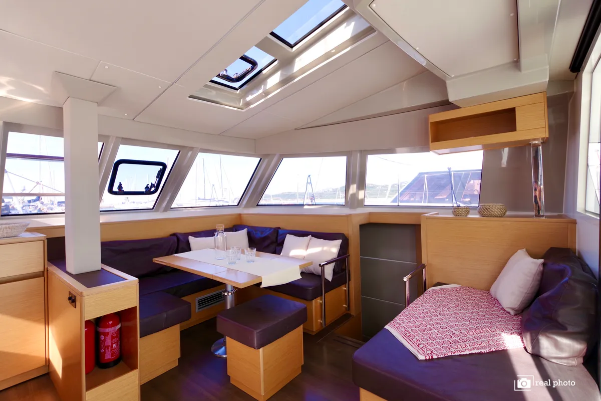 Salon of Fiammetta, a Nautitech 46 Fly catamaran at Puntone di Scarlino, Italy