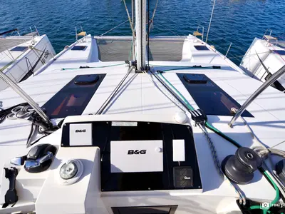 Cockpit of Fiammetta, a Nautitech 46 Fly catamaran at Puntone di Scarlino, Italy