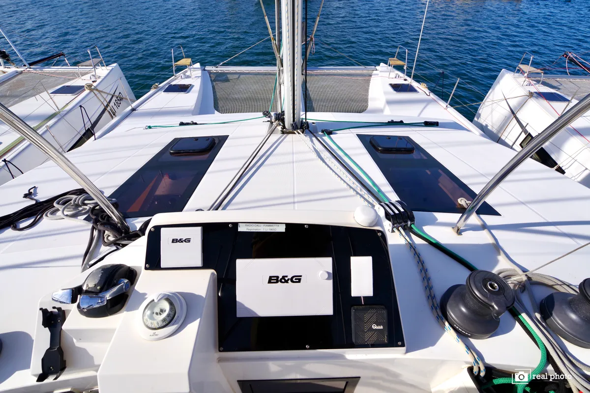 Cockpit of Fiammetta, a Nautitech 46 Fly catamaran at Puntone di Scarlino, Italy