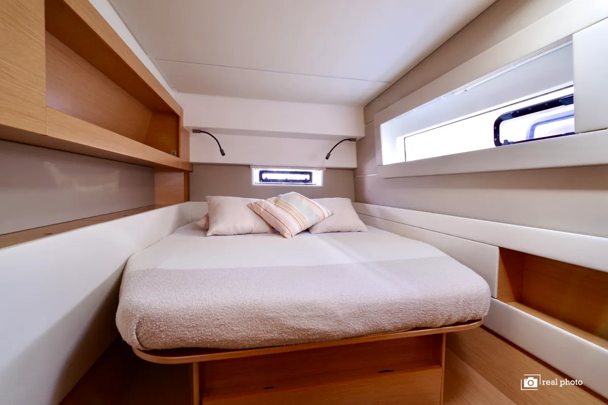 Cabin on Fiammetta, a Nautitech 46 Fly catamaran at Puntone di Scarlino, Italy