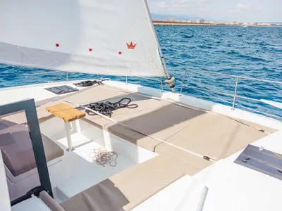 Deck of Loxarel, a Bali 4.2 catamaran at Ibiza, Spain