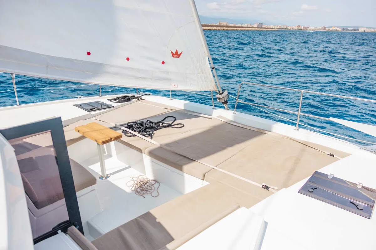 Deck of Loxarel, a Bali 4.2 catamaran at Ibiza, Spain