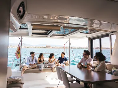 Salon of Loxarel, a Bali 4.2 catamaran at Ibiza, Spain