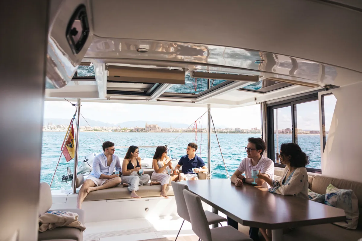 Salon of Loxarel, a Bali 4.2 catamaran at Ibiza, Spain
