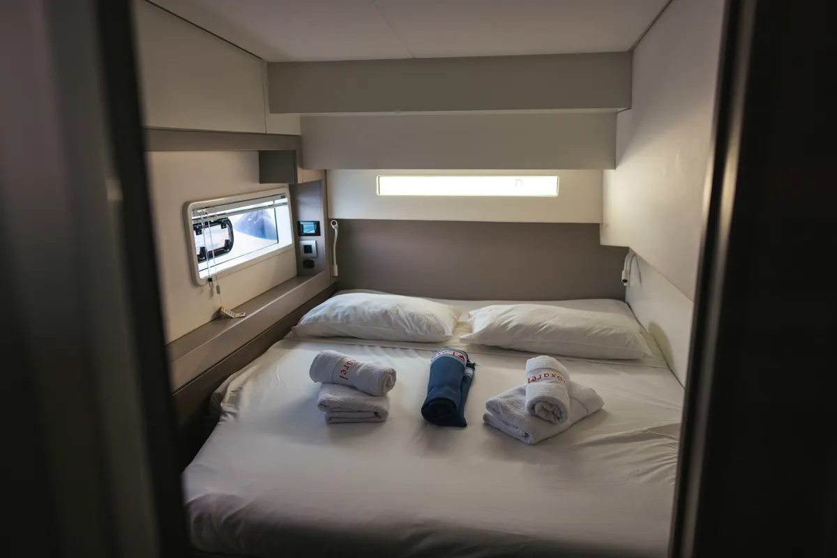 Cabin on Loxarel, a Bali 4.2 catamaran at Ibiza, Spain