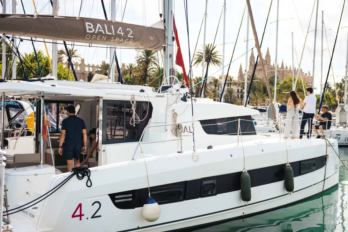 Exterior view of Loxarel, a Bali 4.2 catamaran at Ibiza, Spain