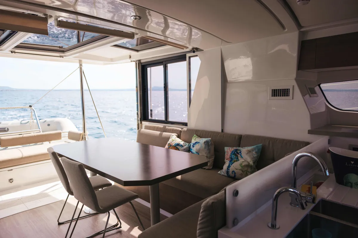 Salon of Loxarel, a Bali 4.2 catamaran at Ibiza, Spain