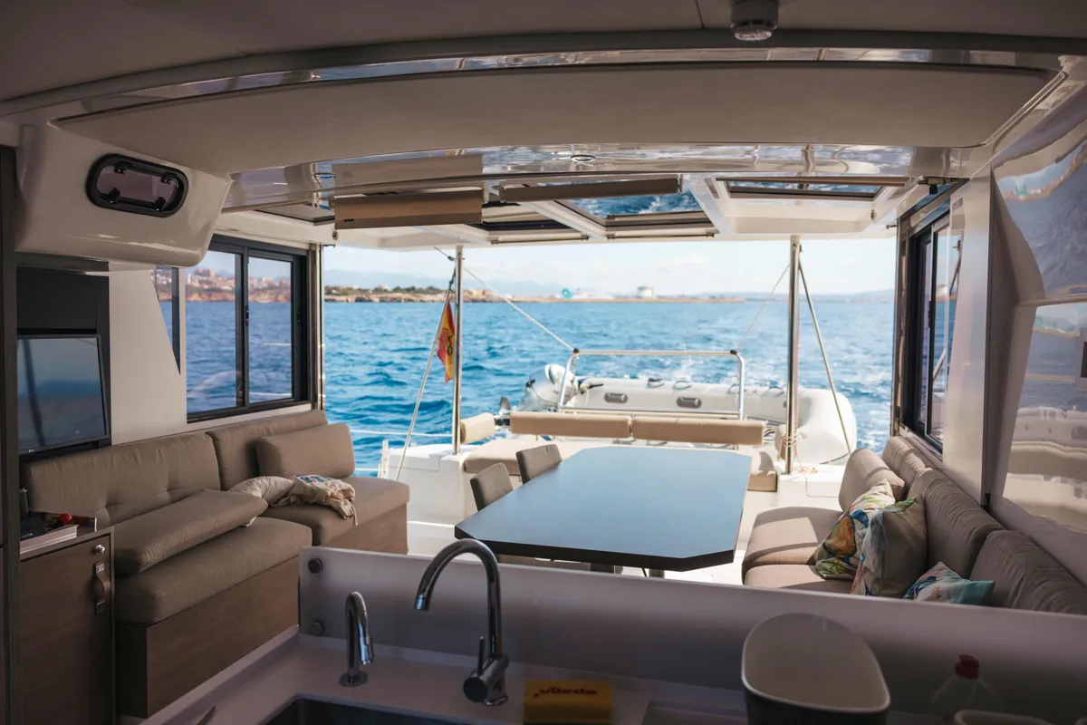 Salon of Loxarel, a Bali 4.2 catamaran at Ibiza, Spain