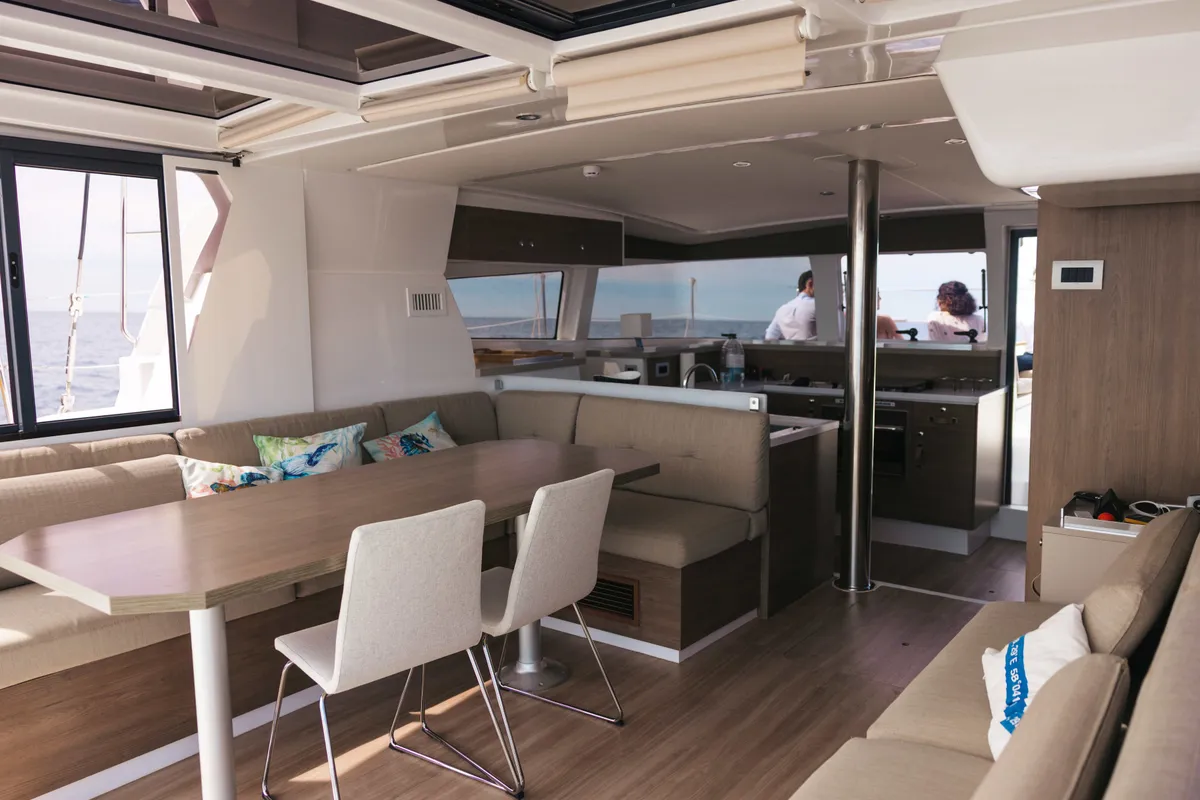 Salon of Loxarel, a Bali 4.2 catamaran at Ibiza, Spain