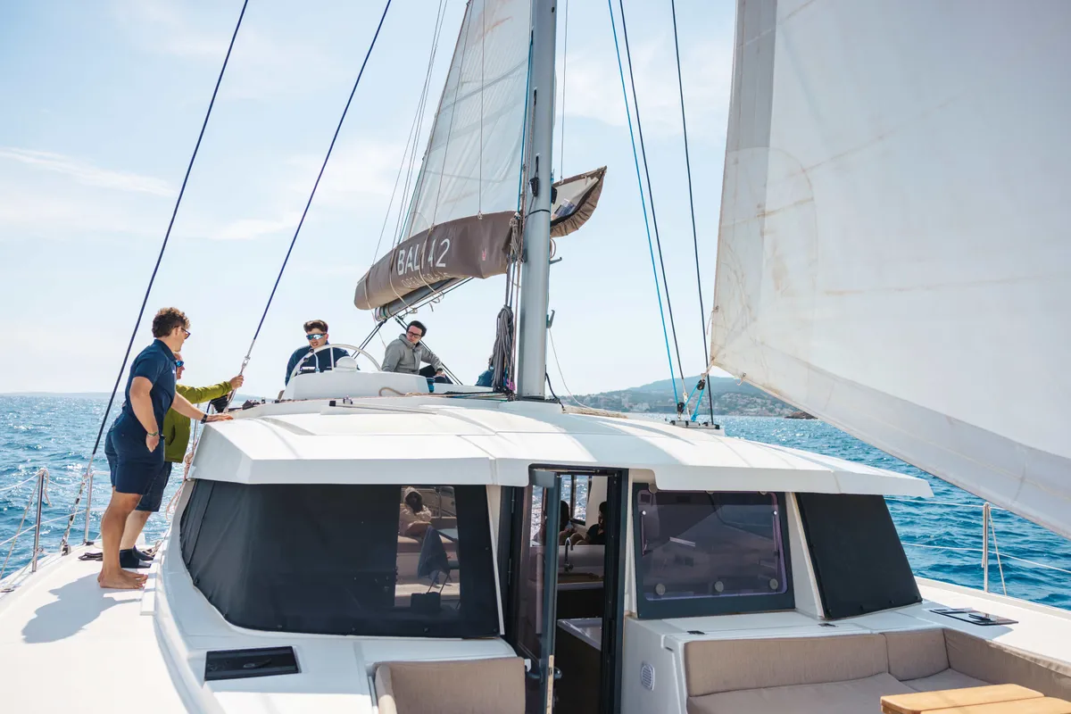 Deck of Loxarel, a Bali 4.2 catamaran at Ibiza, Spain