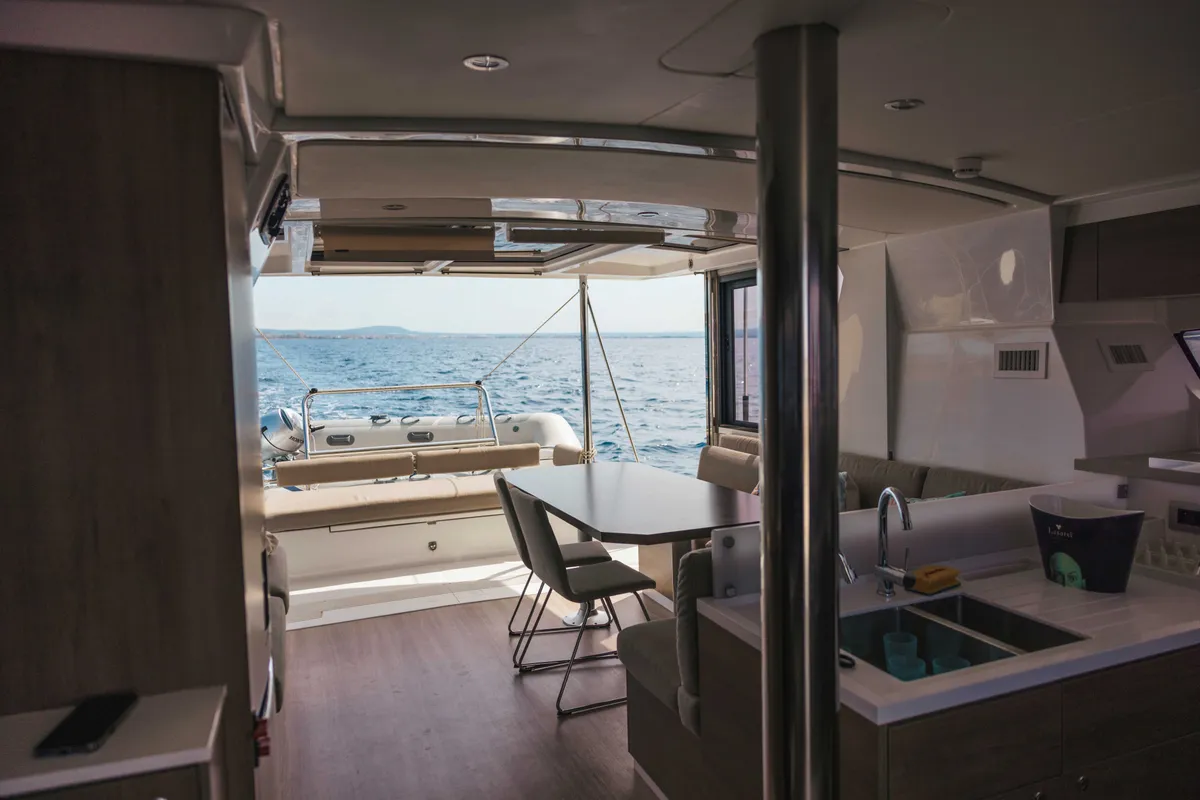 Salon of Loxarel, a Bali 4.2 catamaran at Ibiza, Spain