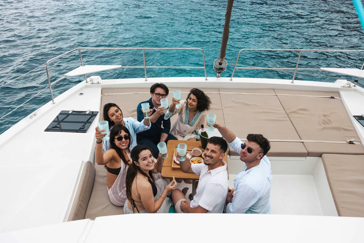 Deck of Loxarel, a Bali 4.2 catamaran at Ibiza, Spain