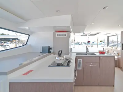 Galley of Basma, a Bali 4.8 catamaran at Athens, Greece