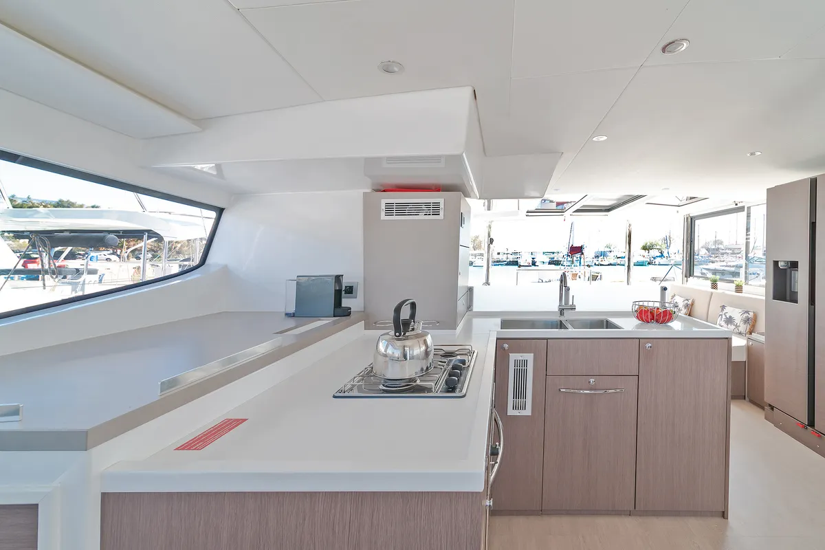 Galley of Basma, a Bali 4.8 catamaran at Athens, Greece