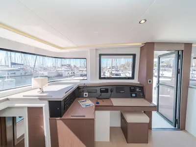 Cockpit of Basma, a Bali 4.8 catamaran at Athens, Greece