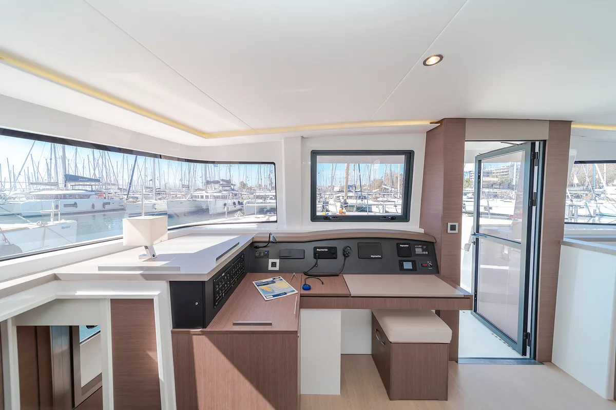 Cockpit of Basma, a Bali 4.8 catamaran at Athens, Greece
