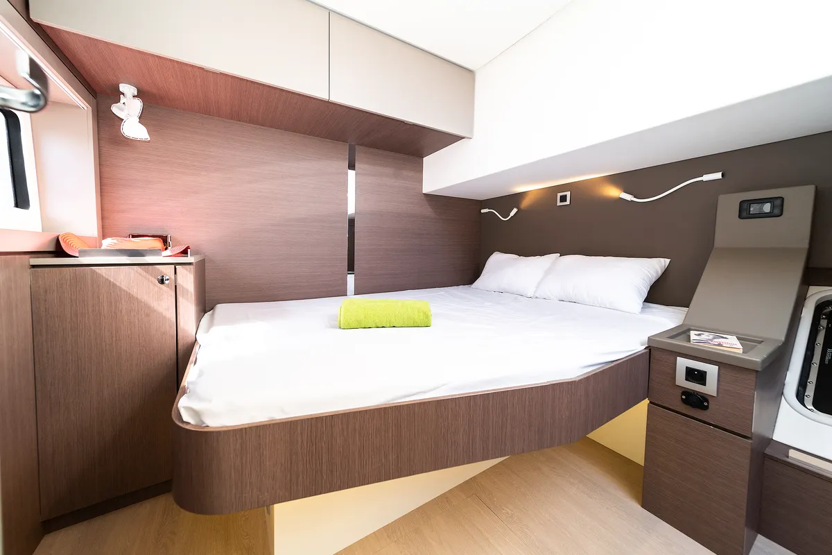 Cabin on Basma, a Bali 4.8 catamaran at Athens, Greece
