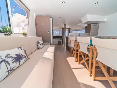 Salon of Basma, a Bali 4.8 catamaran at Athens, Greece