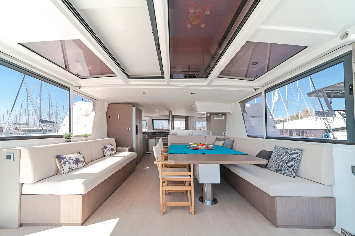 Salon of Basma, a Bali 4.8 catamaran at Athens, Greece