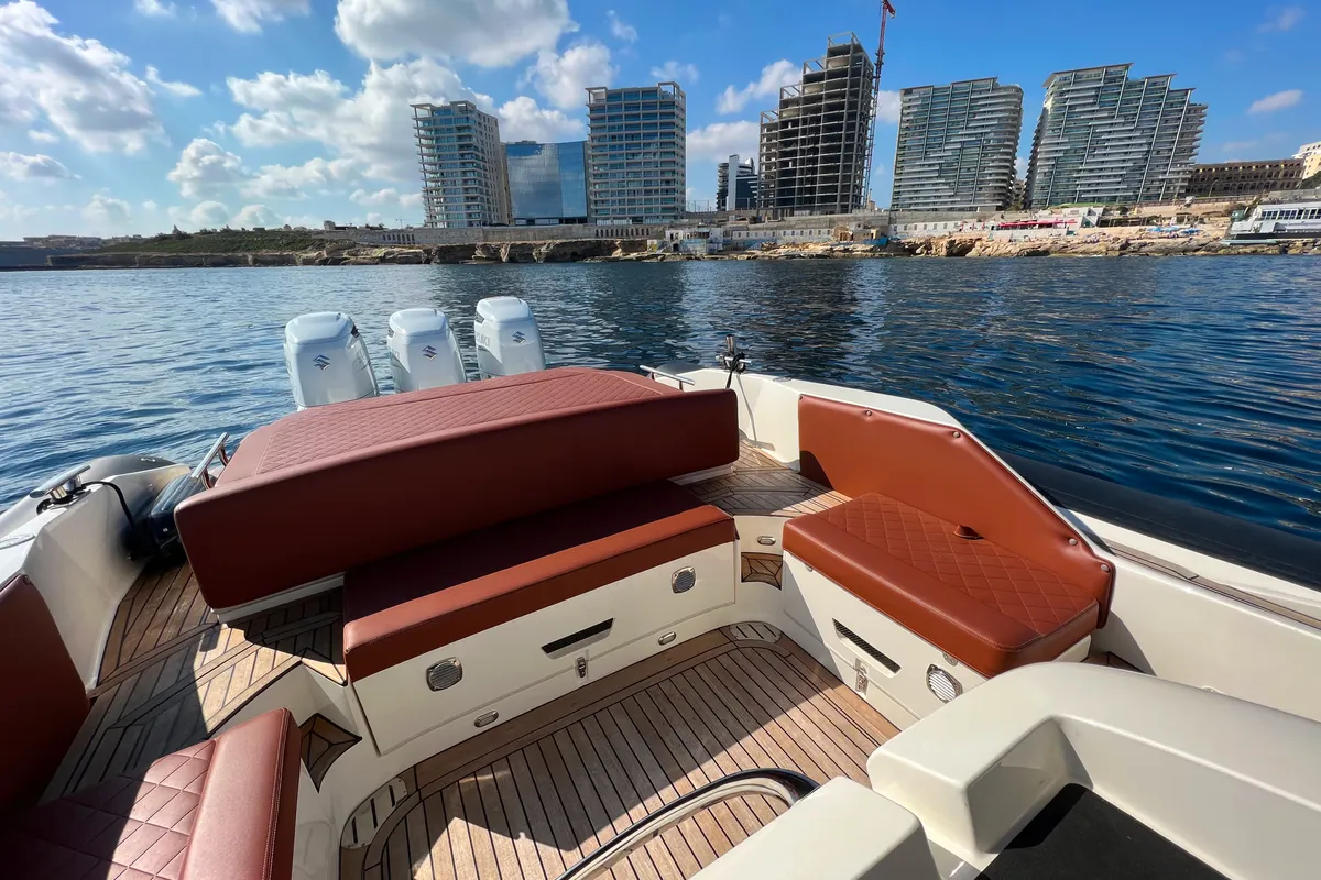 Deck of Ethan Jo, a Nuova Jolly Prince 38 Sport Cabin motorboat at Msida, Malta