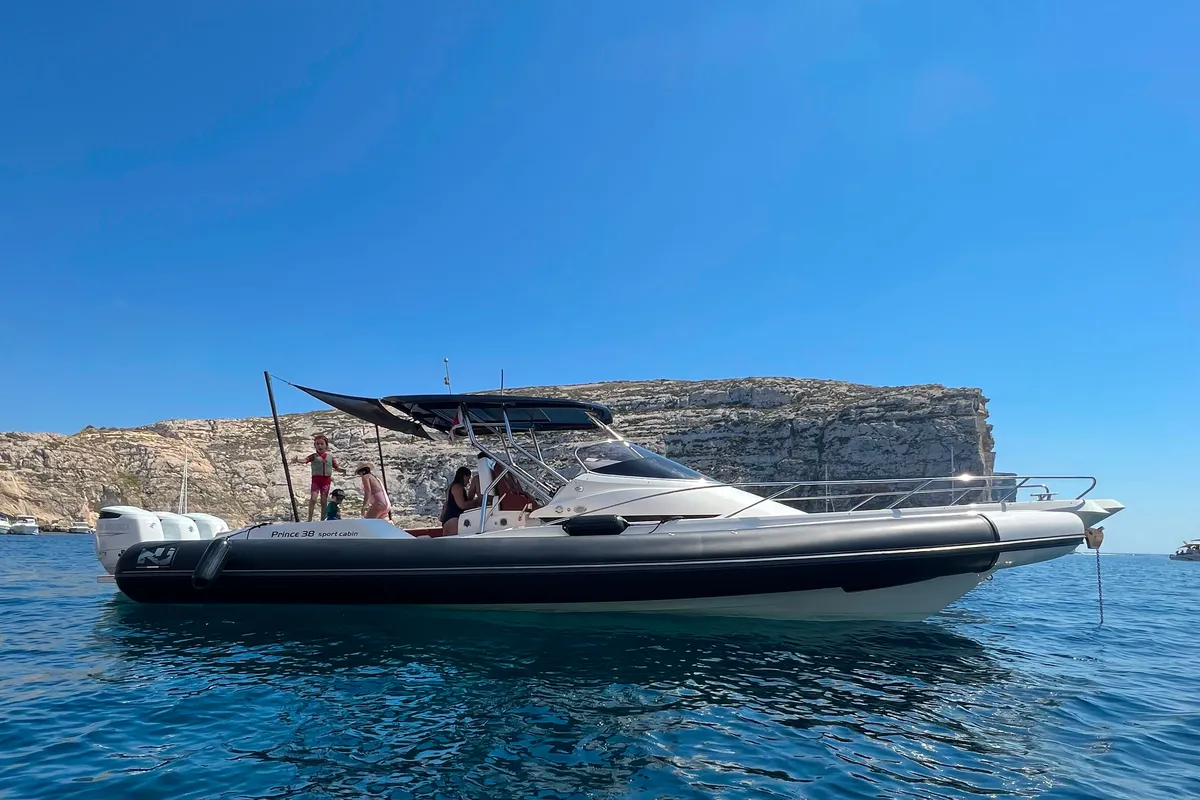 Exterior view of Ethan Jo, a Nuova Jolly Prince 38 Sport Cabin motorboat at Msida, Malta