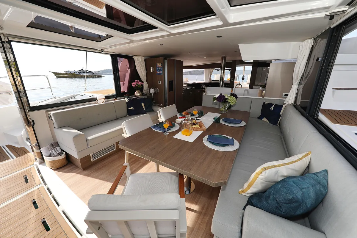 Salon of La Vie Est Belle, a Bali 4.8 catamaran at Seget Donji, Croatia