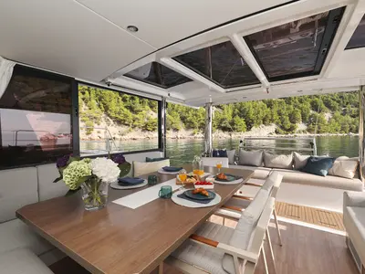 Salon of La Vie Est Belle, a Bali 4.8 catamaran at Seget Donji, Croatia