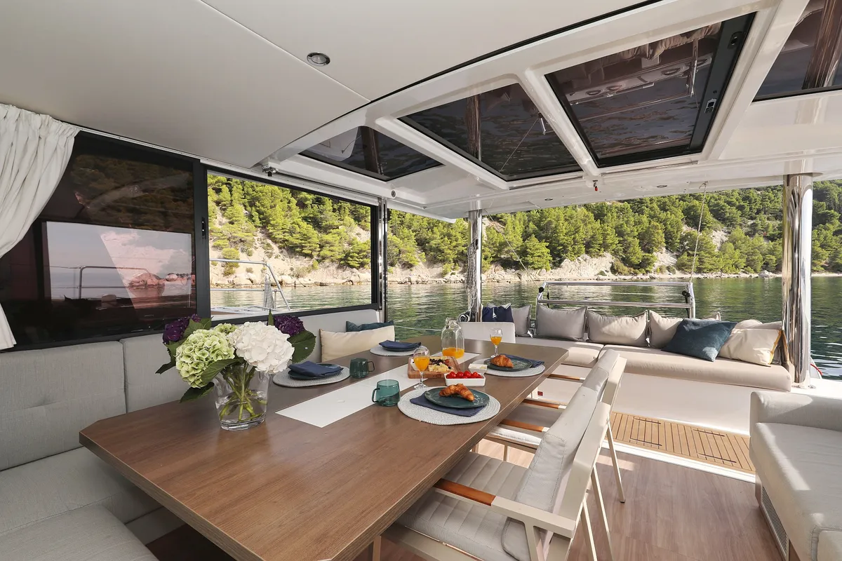 Salon of La Vie Est Belle, a Bali 4.8 catamaran at Seget Donji, Croatia