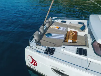 Deck of La Vie Est Belle, a Bali 4.8 catamaran at Seget Donji, Croatia