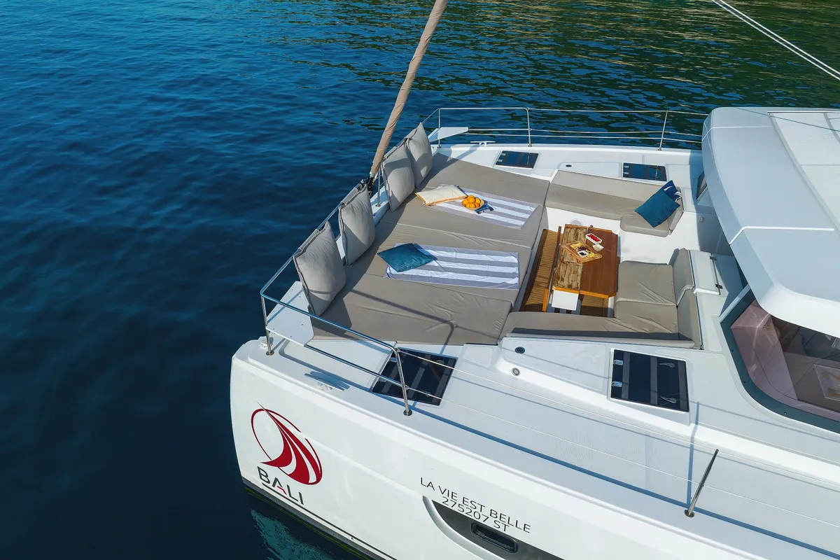 Deck of La Vie Est Belle, a Bali 4.8 catamaran at Seget Donji, Croatia