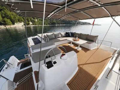 Cockpit of La Vie Est Belle, a Bali 4.8 catamaran at Seget Donji, Croatia
