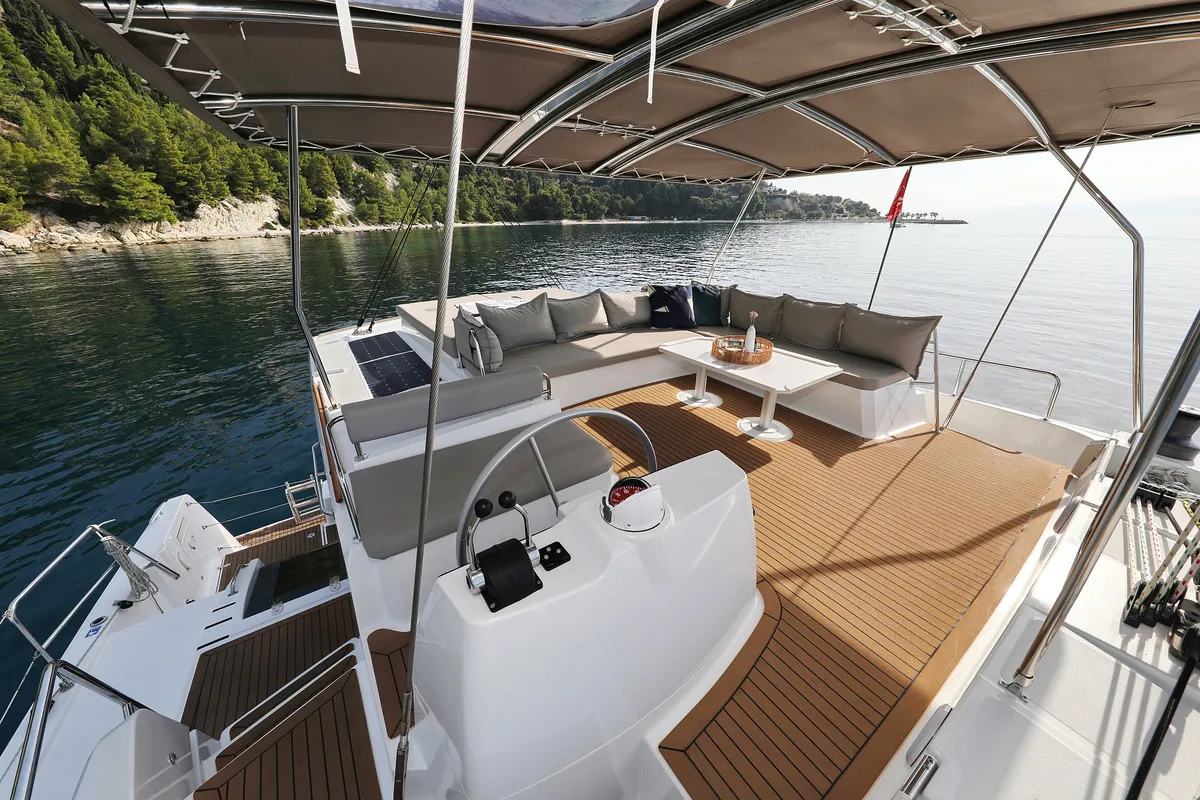 Cockpit of La Vie Est Belle, a Bali 4.8 catamaran at Seget Donji, Croatia