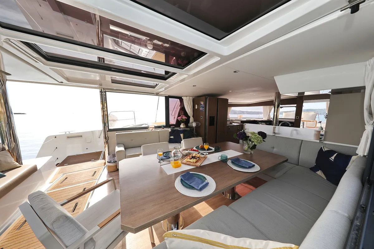 Salon of La Vie Est Belle, a Bali 4.8 catamaran at Seget Donji, Croatia