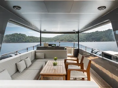 Deck of BEYEFENDI H, a Falcon Yachts Beyefendi H motor yacht at Fethiye, Turkey