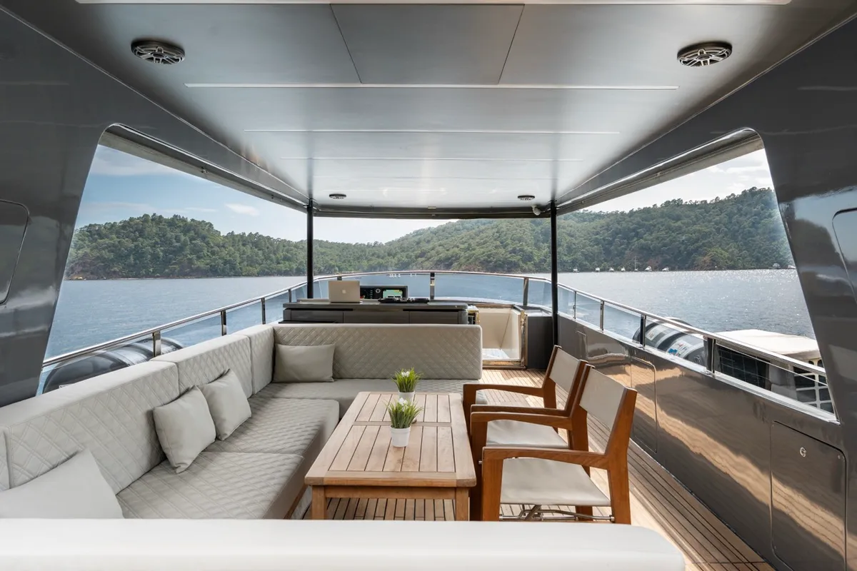 Deck of BEYEFENDI H, a Falcon Yachts Beyefendi H motor yacht at Fethiye, Turkey