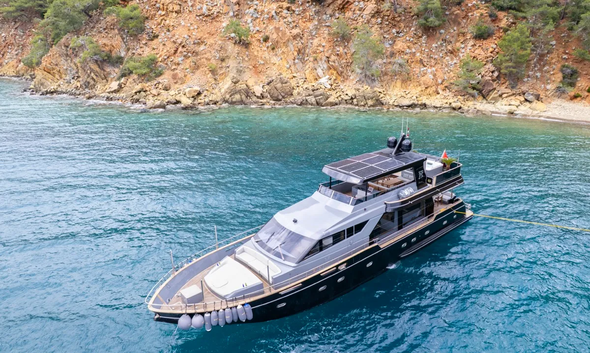 Exterior view of BEYEFENDI H, a Falcon Yachts Beyefendi H motor yacht at Fethiye, Turkey