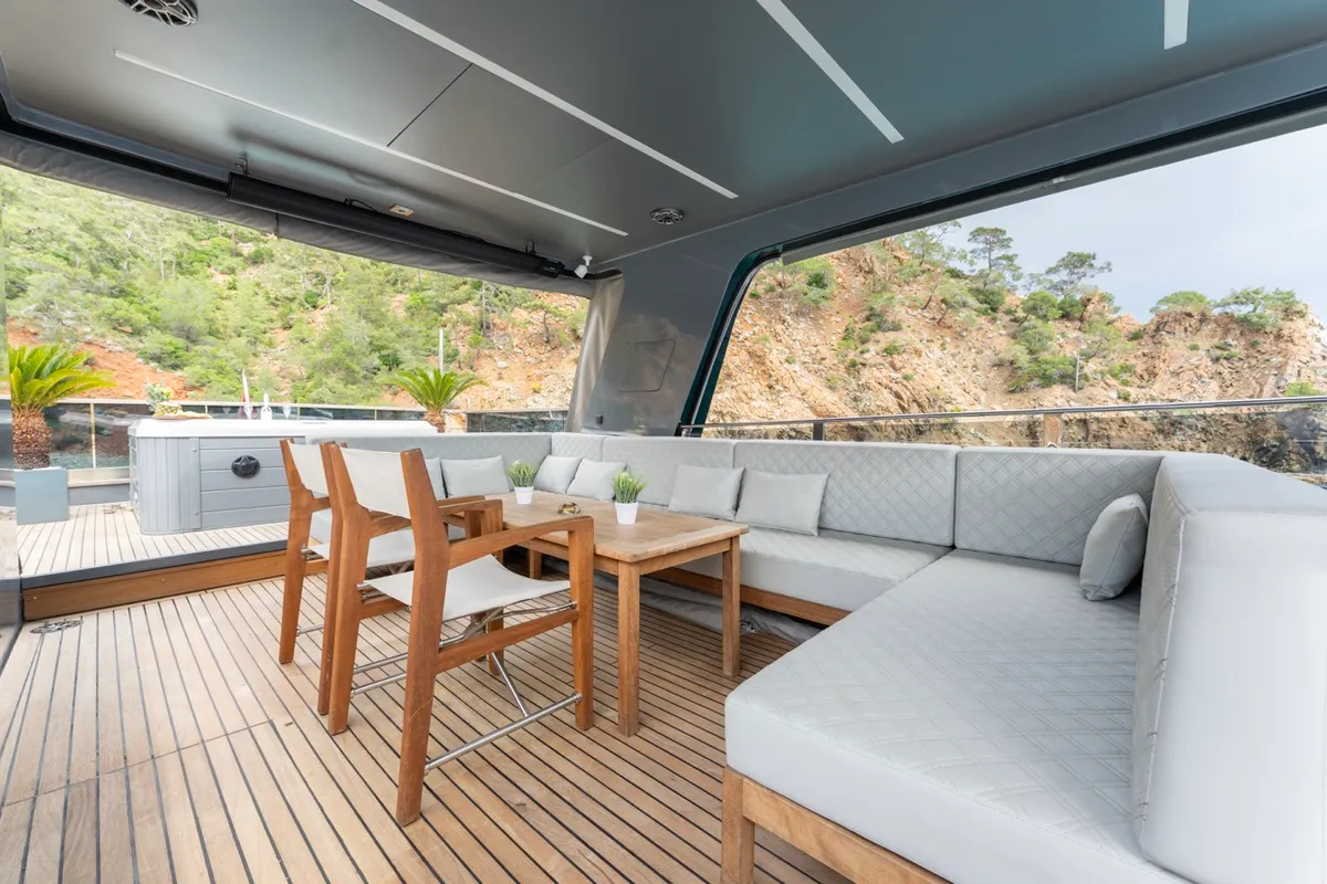 Deck of BEYEFENDI H, a Falcon Yachts Beyefendi H motor yacht at Fethiye, Turkey
