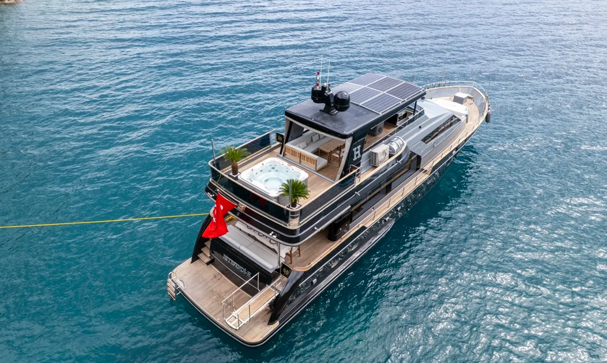 Exterior view of BEYEFENDI H, a Falcon Yachts Beyefendi H motor yacht at Fethiye, Turkey