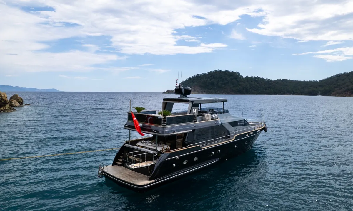Exterior view of BEYEFENDI H, a Falcon Yachts Beyefendi H motor yacht at Fethiye, Turkey