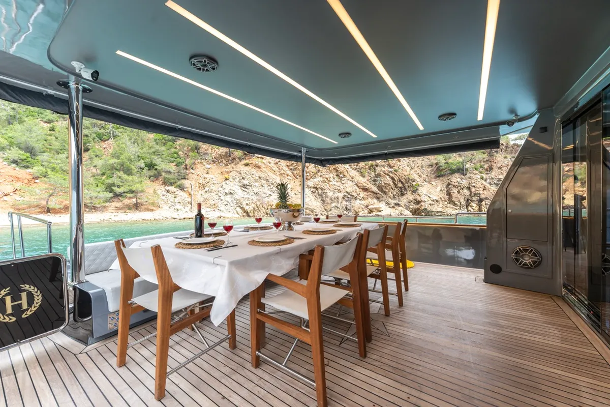 Deck of BEYEFENDI H, a Falcon Yachts Beyefendi H motor yacht at Fethiye, Turkey