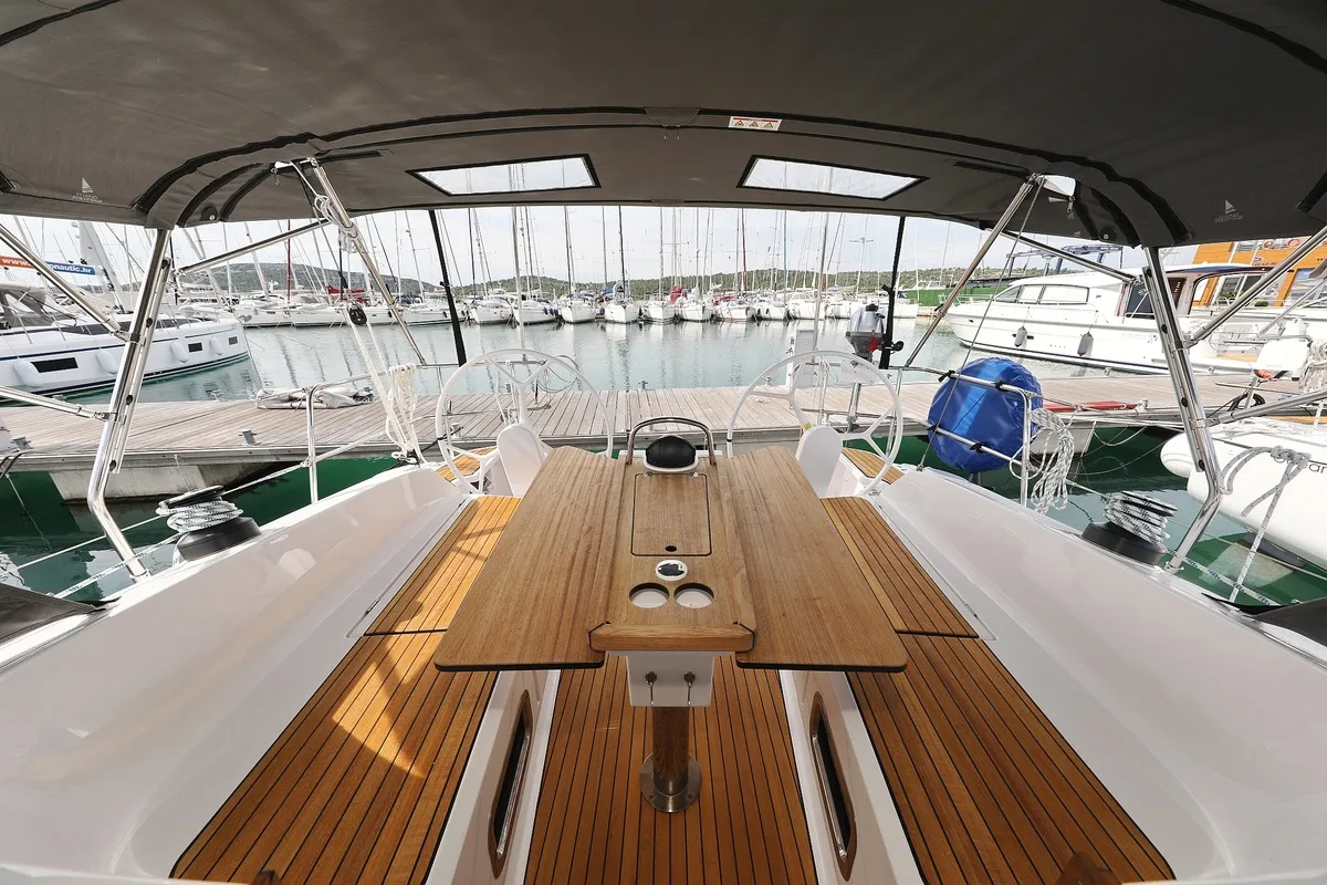 Deck of aMore, a Bavaria Cruiser 37 sailboat at Pirovac, Croatia