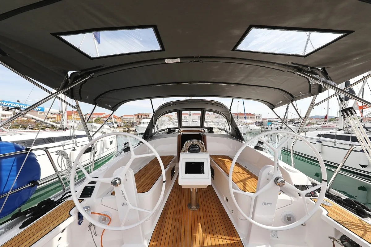 Cockpit of aMore, a Bavaria Cruiser 37 sailboat at Pirovac, Croatia