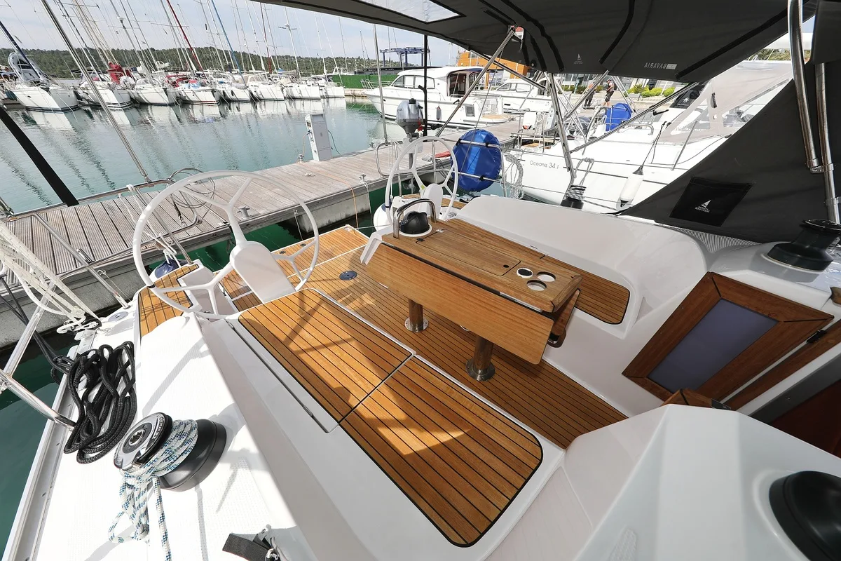 Deck of aMore, a Bavaria Cruiser 37 sailboat at Pirovac, Croatia